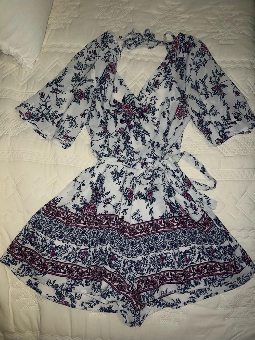 miami White Floral Waist Tie Romper with Navy & Burgundy Print